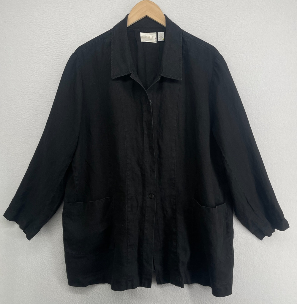 ELISABETH LIZ CLAIBORNE Shirt 20 Petite Linen Button Up Long Sleeve Black